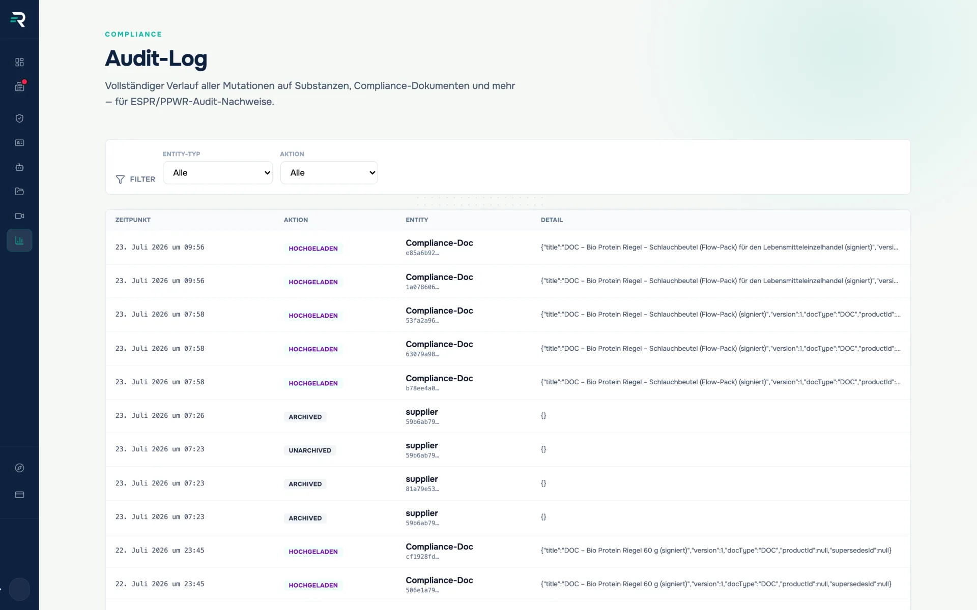 Audit log in Reguly: filters for entity type and action, below them events with timestamp, action, entity and the diff of the change