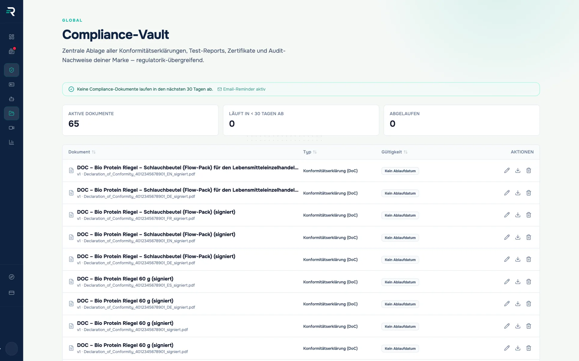 Compliance vault in Reguly with 65 active documents — every filing here creates an event in the audit log