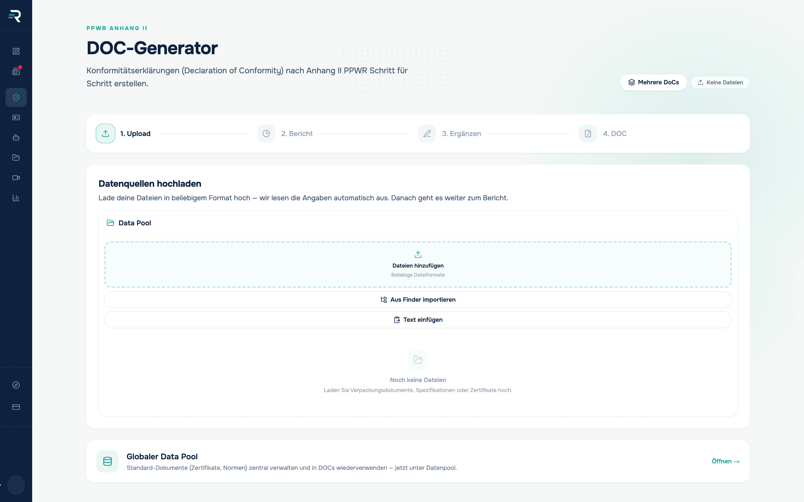 DOC-Generator in Reguly mit den vier Schritten Upload, Bericht, Ergänzen und DOC sowie dem Feld zum Hochladen der Datenquellen