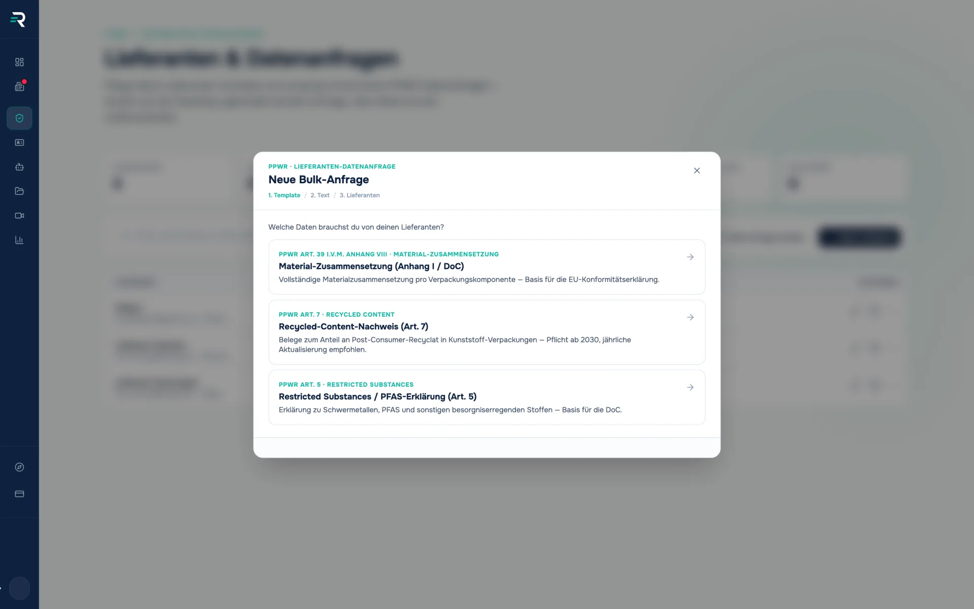 Wizard for a supplier data request in Reguly with the three templates for material composition, recycled-content evidence and the PFAS declaration, each with its article reference