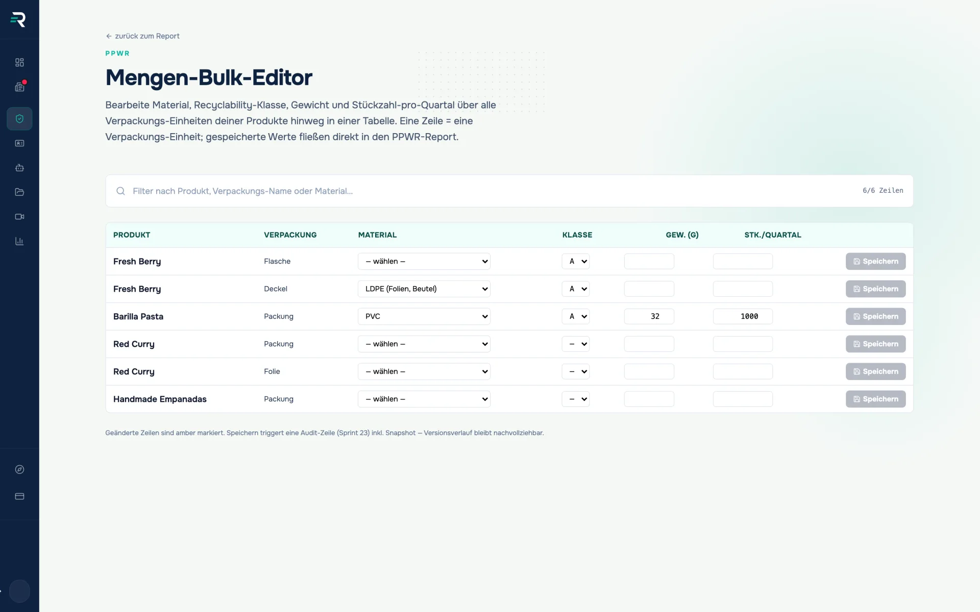 Bulk volume editor in Reguly: one packaging unit per row with material, recyclability class, weight and units per quarter