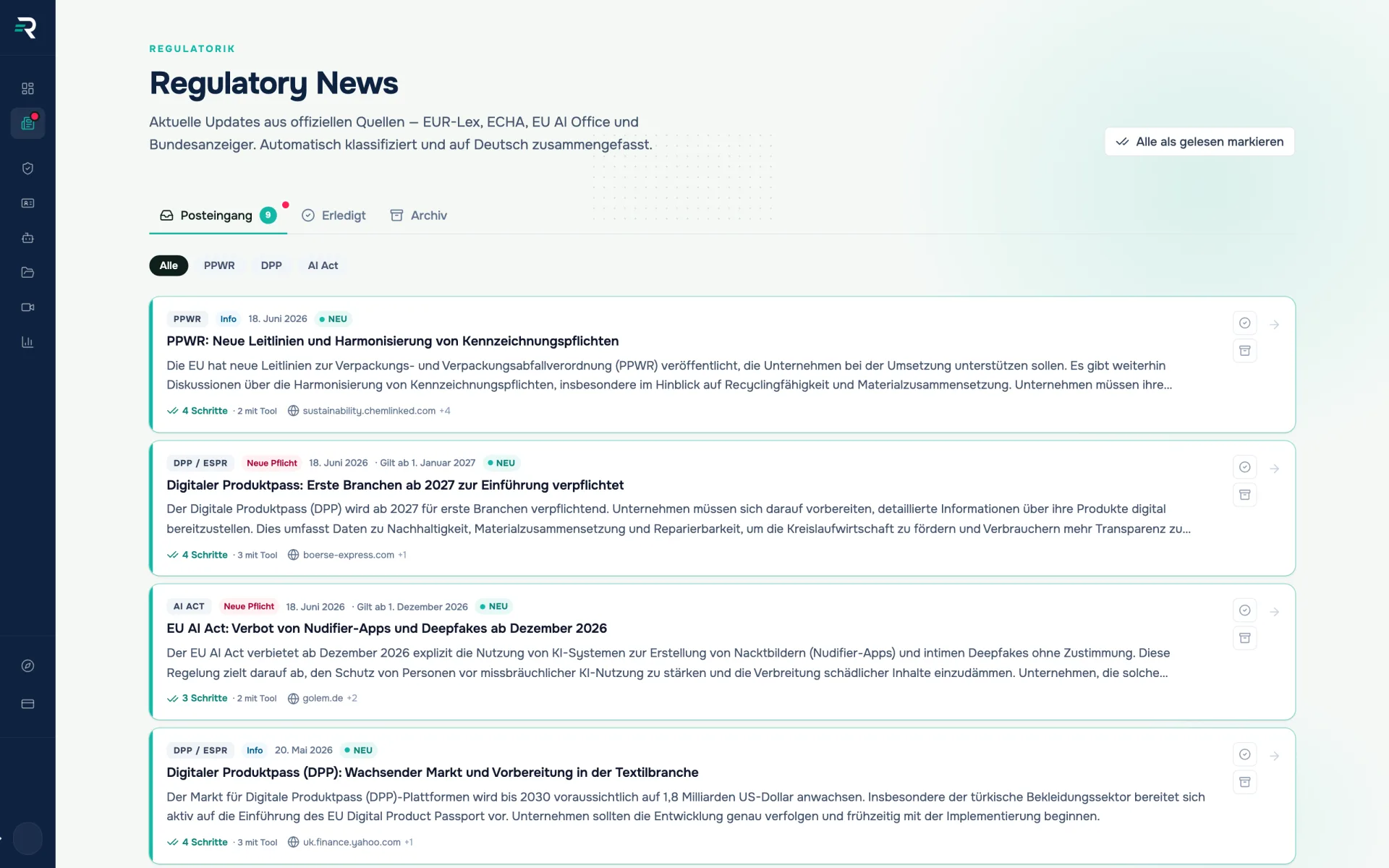 Regulatory news in Reguly: inbox with nine unread items on the PPWR, DPP and AI Act