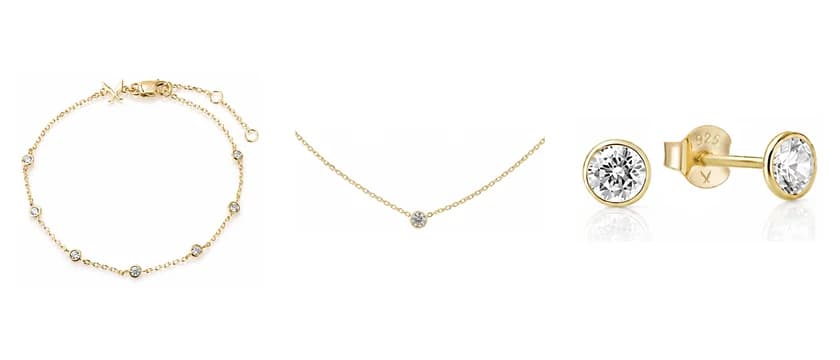 Goldschmuck von SEPTEMBER FIVE: Armband mit Zirkonia, Kette mit Solitär und Ohrstecker
