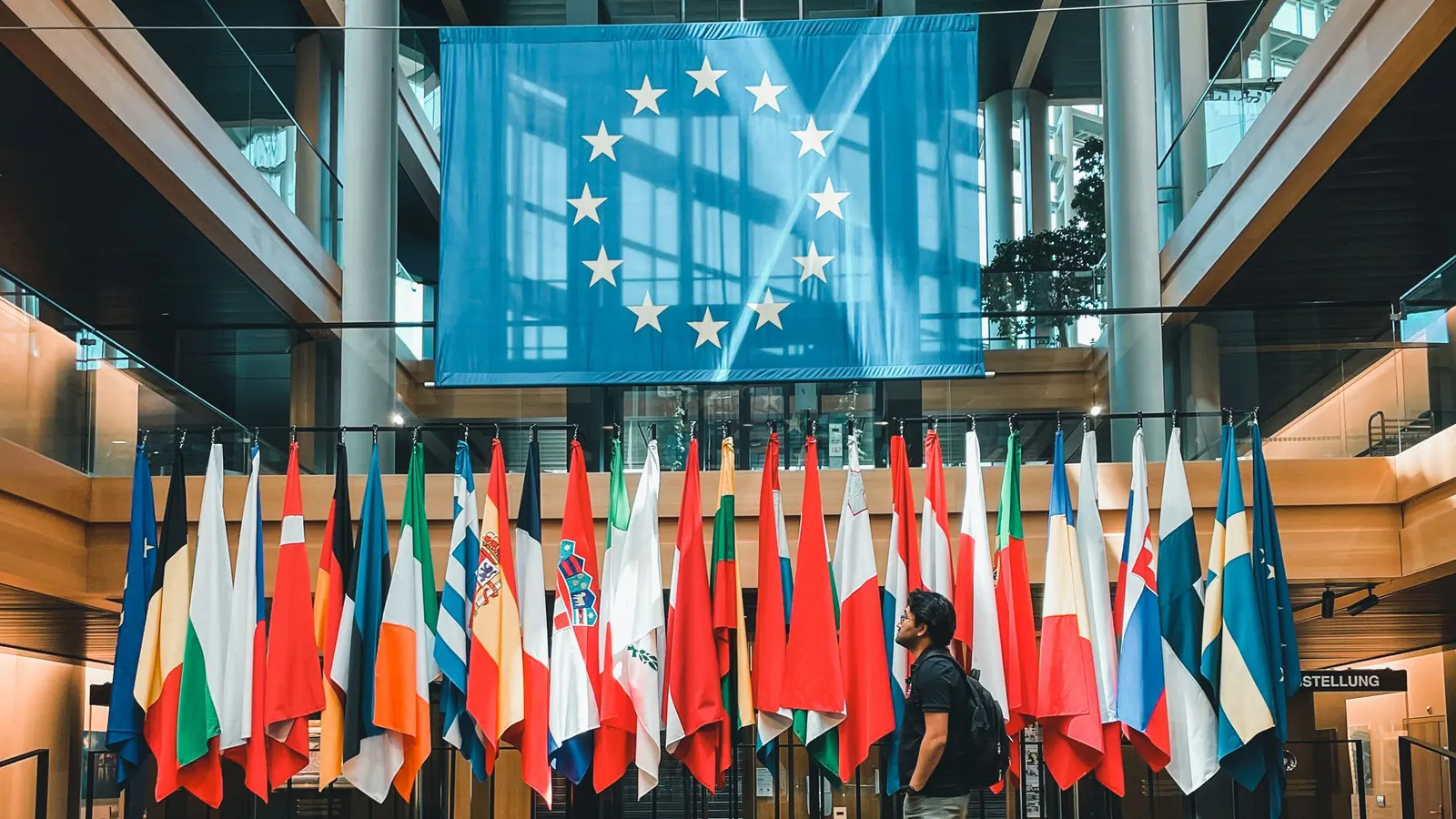 Halle im Europäischen Parlament in Straßburg mit Europaflagge über einer Reihe von Nationalflaggen