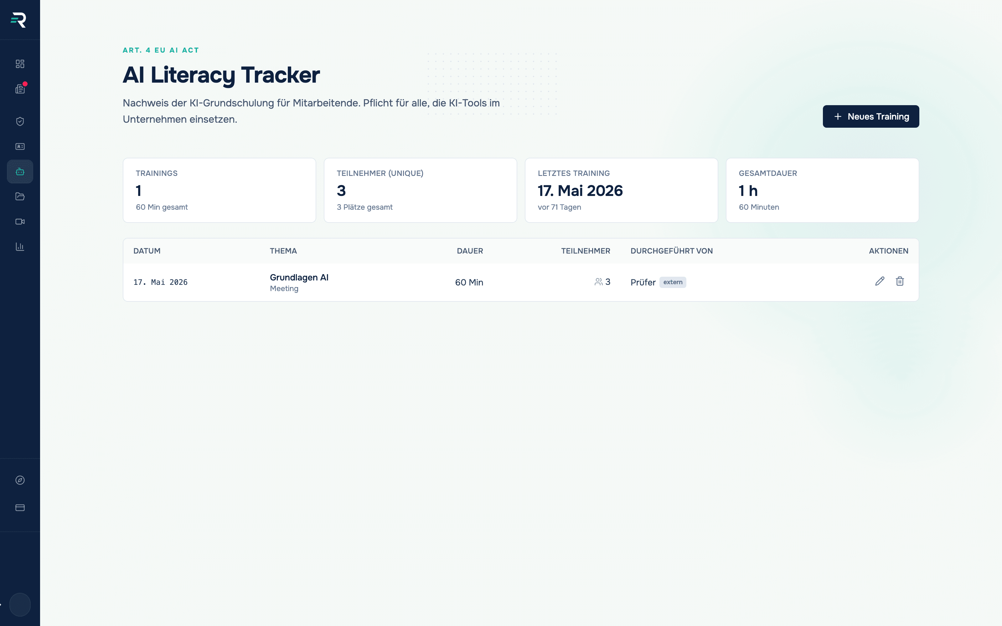 AI-Literacy-Tracker in Reguly nach Art. 4: Kennzahlen mit 1 Training über 60 Minuten, 3 eindeutigen Teilnehmern, letztem Training am 17. Mai 2026 vor 71 Tagen und 1 Stunde Gesamtdauer, darunter die Tabelle mit dem Training Grundlagen AI, 60 Minuten, 3 Teilnehmern und einem extern gekennzeichneten Trainer