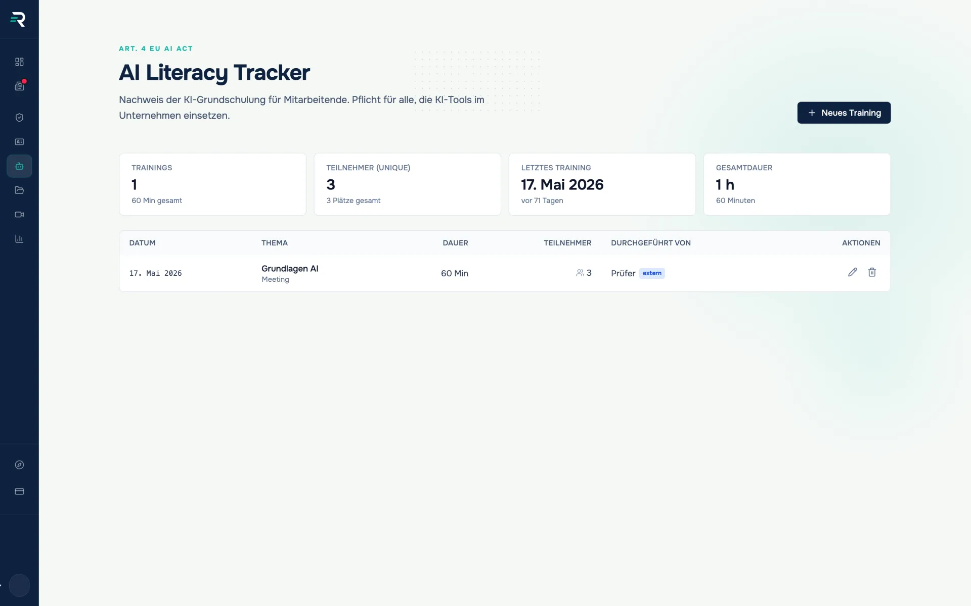 AI literacy tracker in Reguly: figures for trainings, participants, last training and total duration above the training table