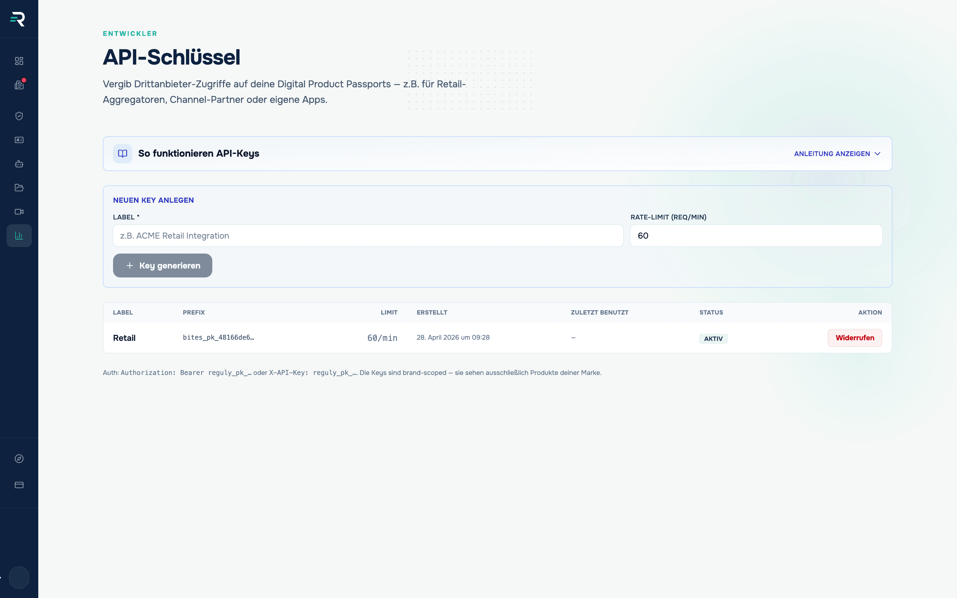 API-Schlüssel in Reguly: Formular für Label und Rate-Limit sowie die Liste ausgestellter Keys mit Prefix, Limit und Status