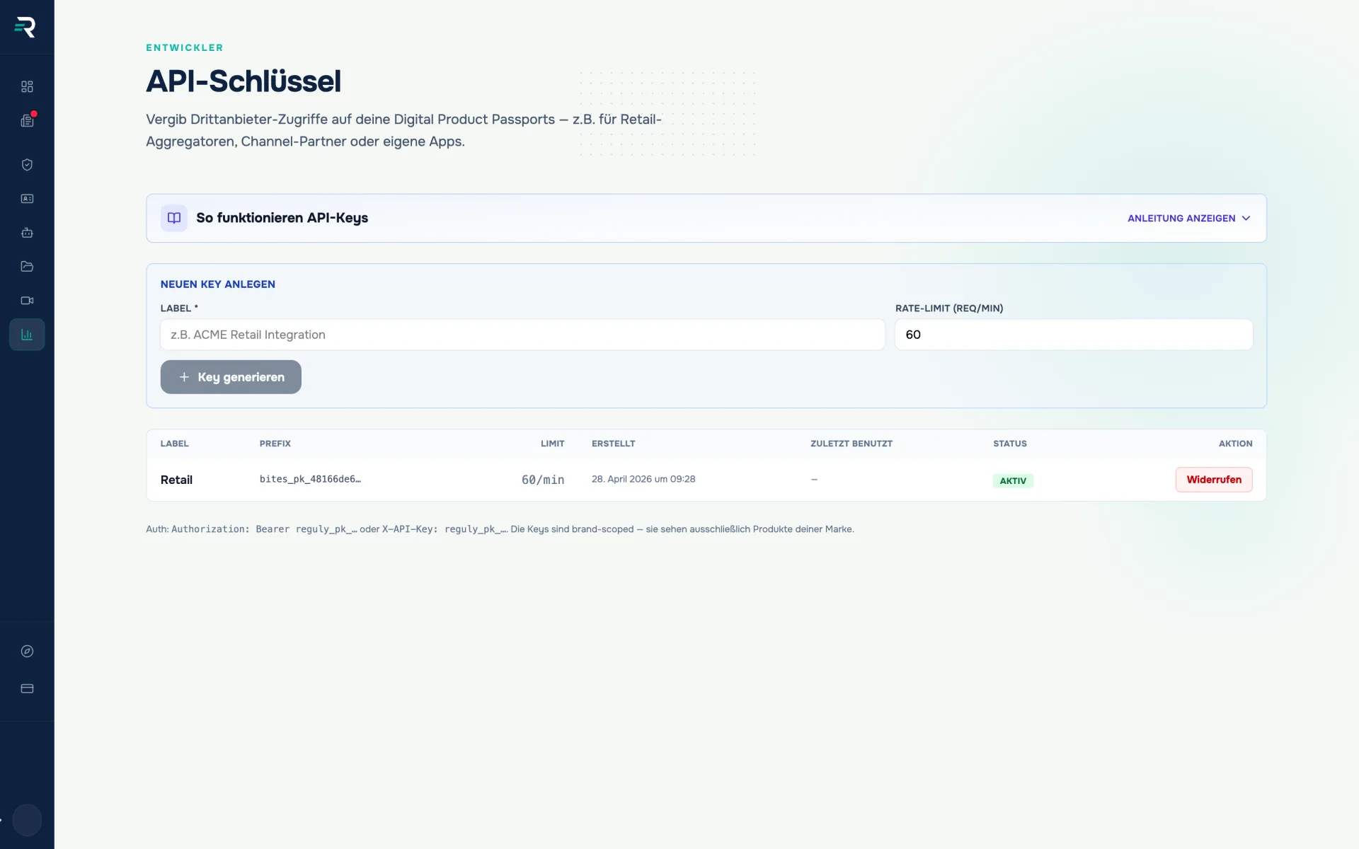 API keys in Reguly: form for label and rate limit plus the list of issued keys with prefix, limit and status