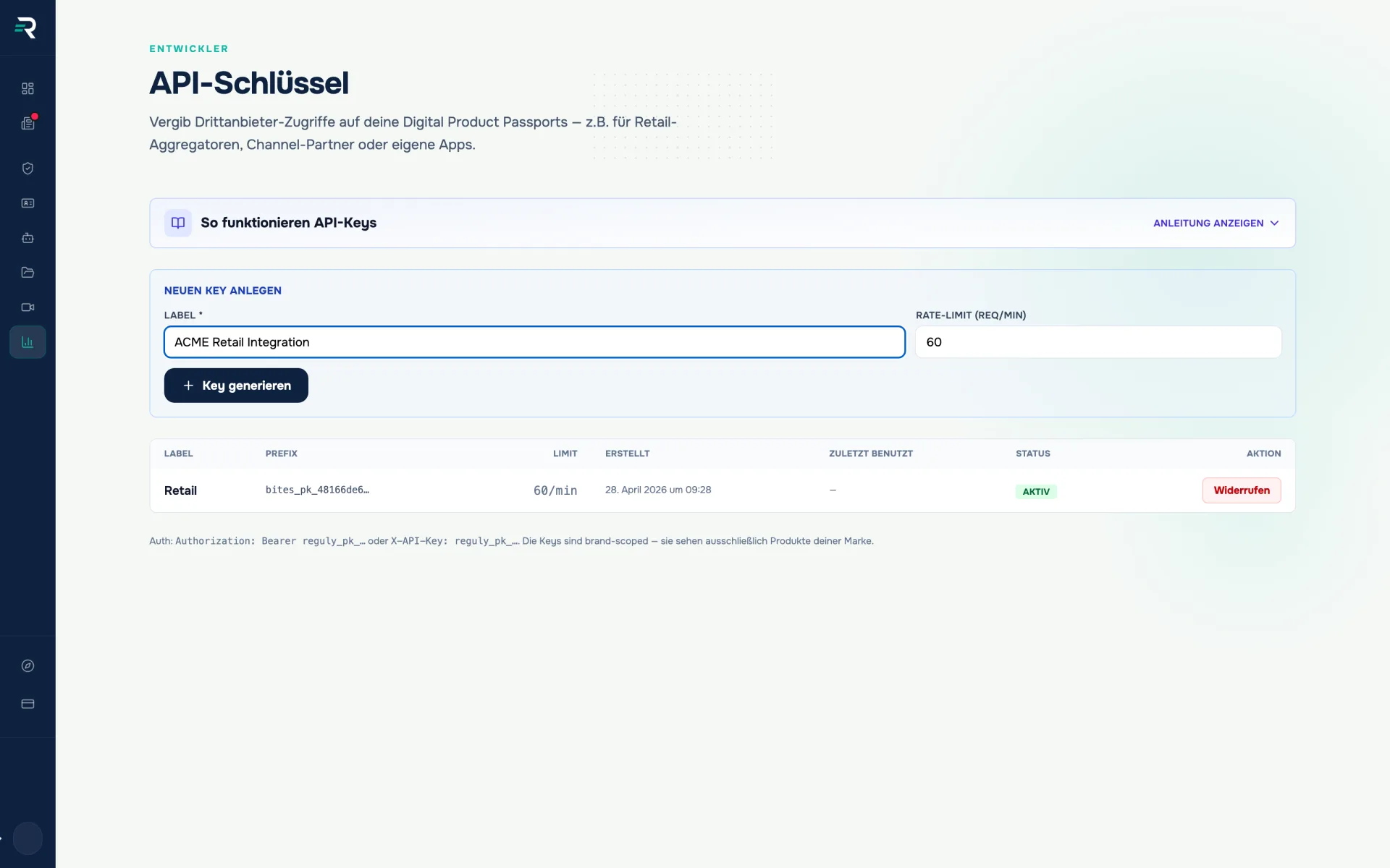 Creating an API key in Reguly: label “ACME Retail Integration”, rate limit 60 requests per minute, below it the list of existing keys