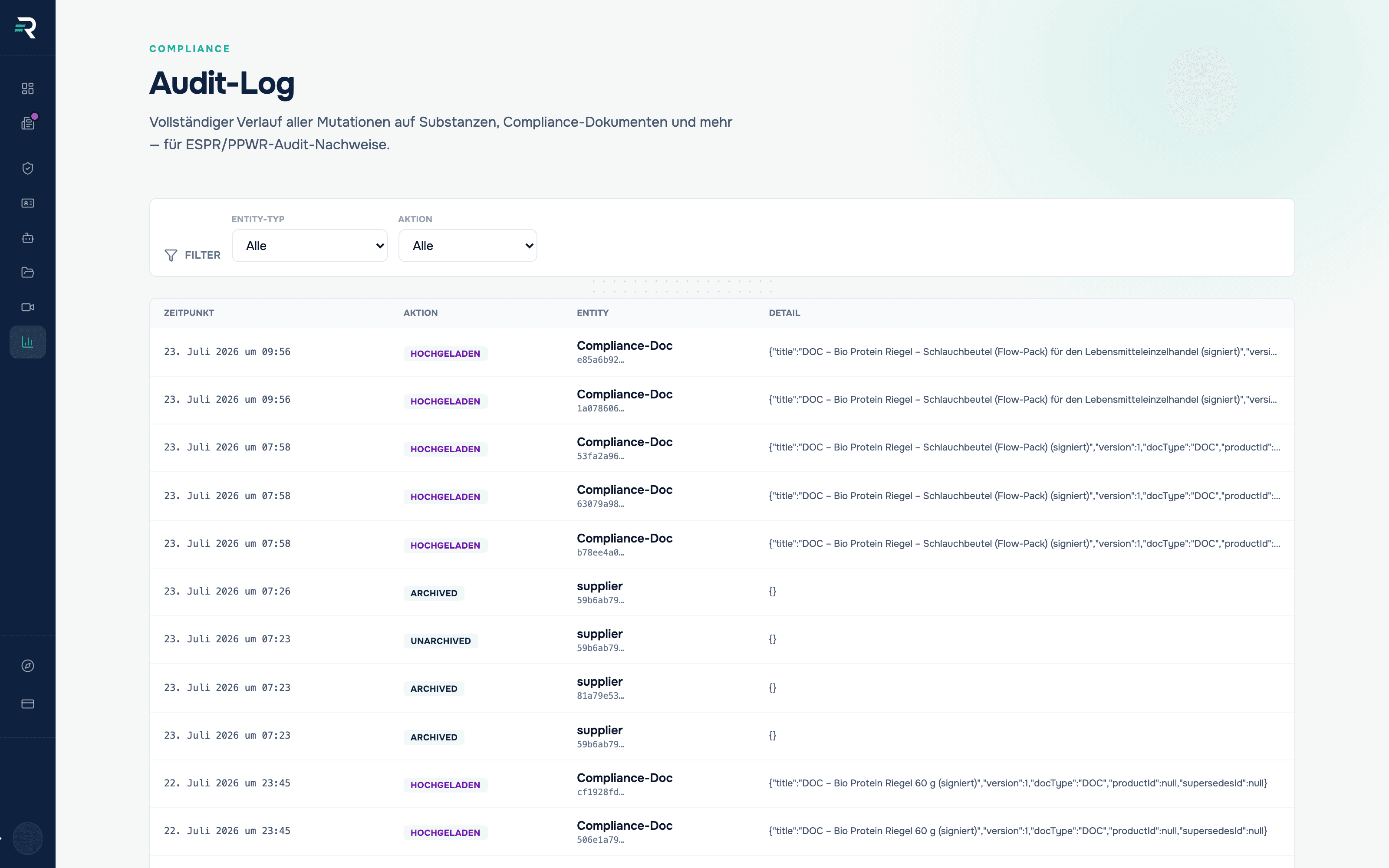 Audit-Log in Reguly mit Einträgen vom Typ Compliance-Doc und der Aktion HOCHGELADEN, jeweils mit Zeitpunkt und einem Detailfeld, das Titel, Version und Dokumenttyp enthält