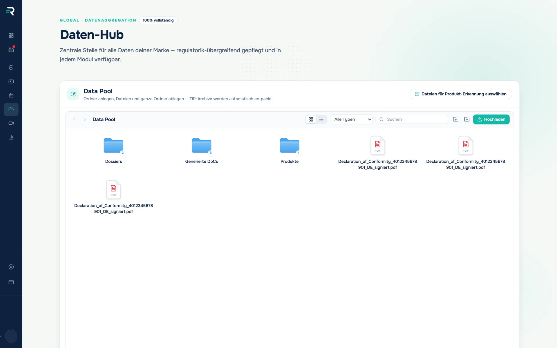 Data pool in the data hub with stored files and the product detection that pre-fills the forms