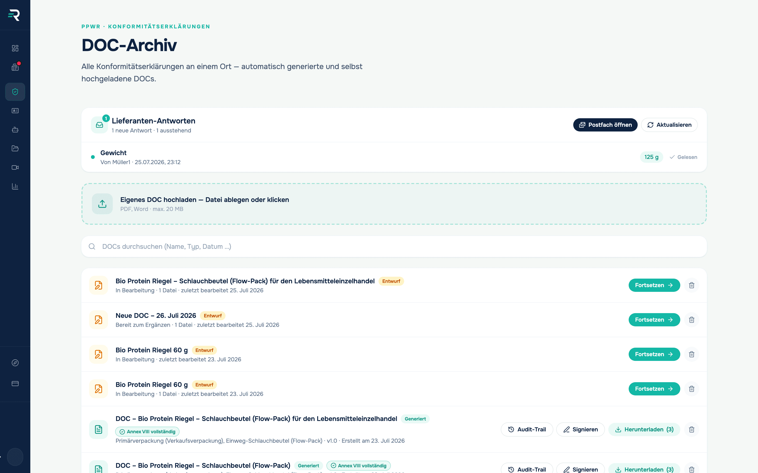 DOC-Archiv in Reguly mit Entwürfen und generierten Konformitätserklärungen; an den generierten DOCs stehen die Schaltflächen Audit-Trail, Signieren und Herunterladen