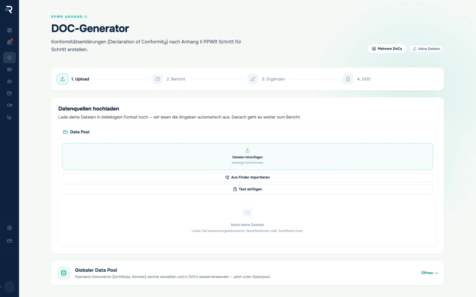 DoC generator in Reguly with the four steps upload, report, complete and DoC