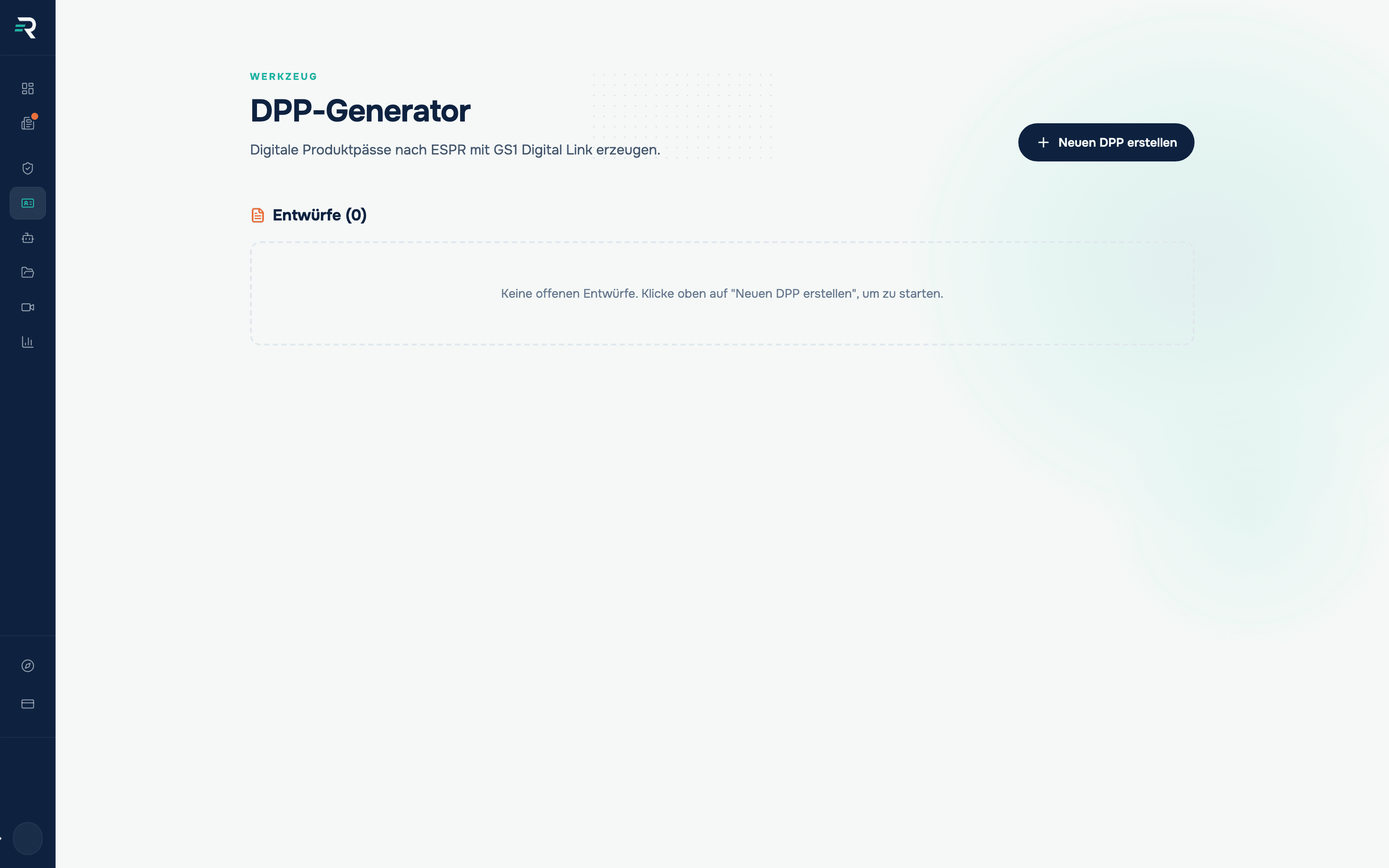DPP-Generator in Reguly — Werkzeug-Ansicht mit der Schaltfläche „Neuen DPP erstellen" und der noch leeren Entwurfsliste