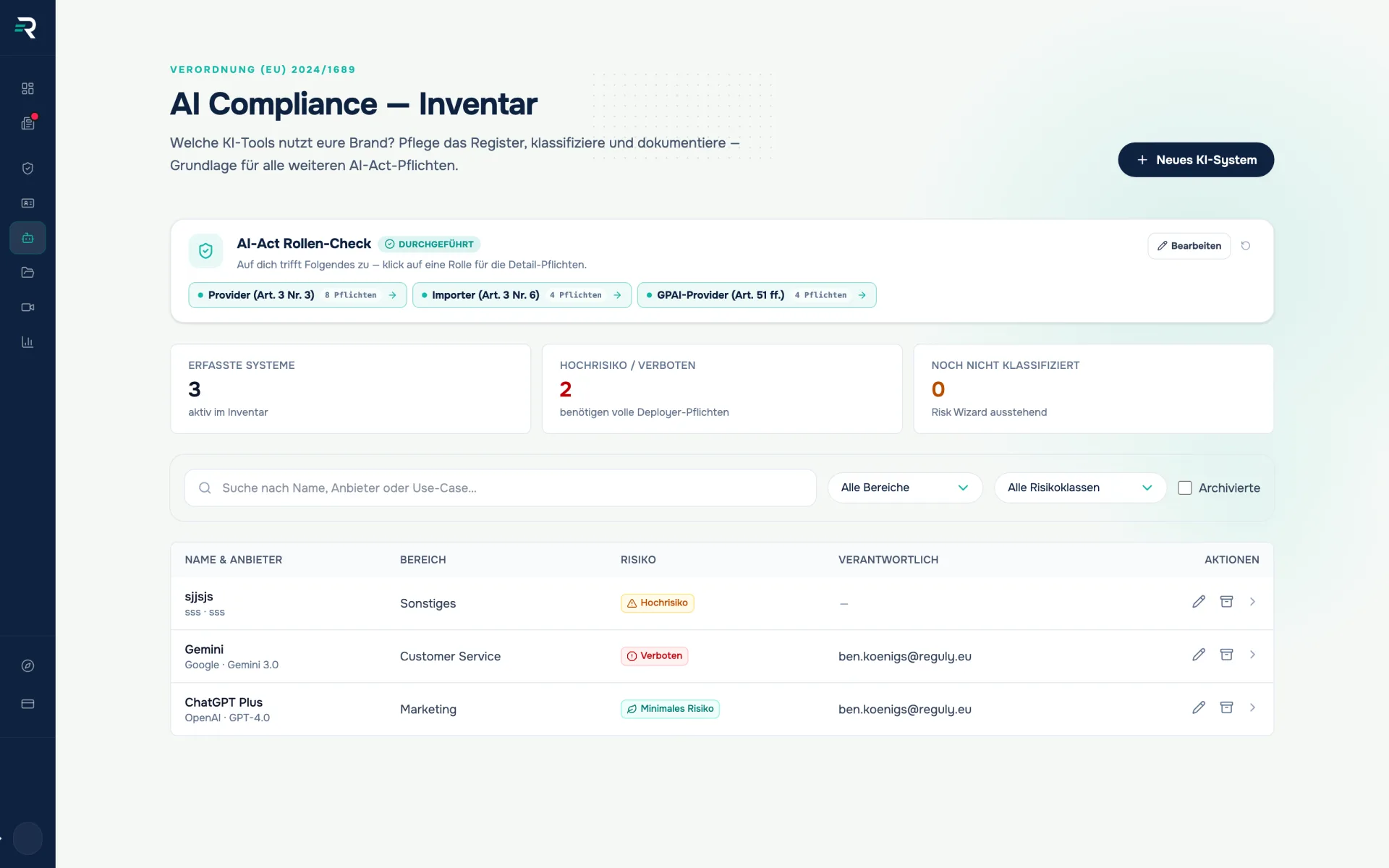 AI inventory in Reguly with role check, figures and a system list with risk badges