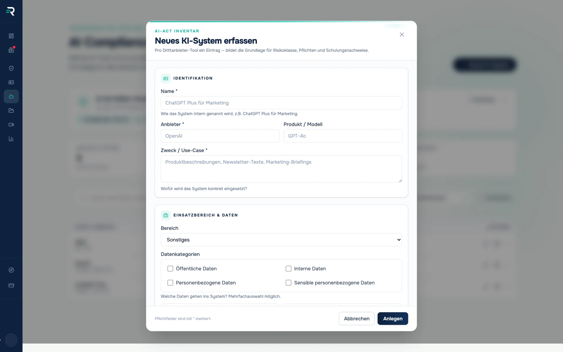 Dialog for recording an AI system in Reguly with fields for name, provider, product, purpose, area of use and the data categories from public to sensitive personal data