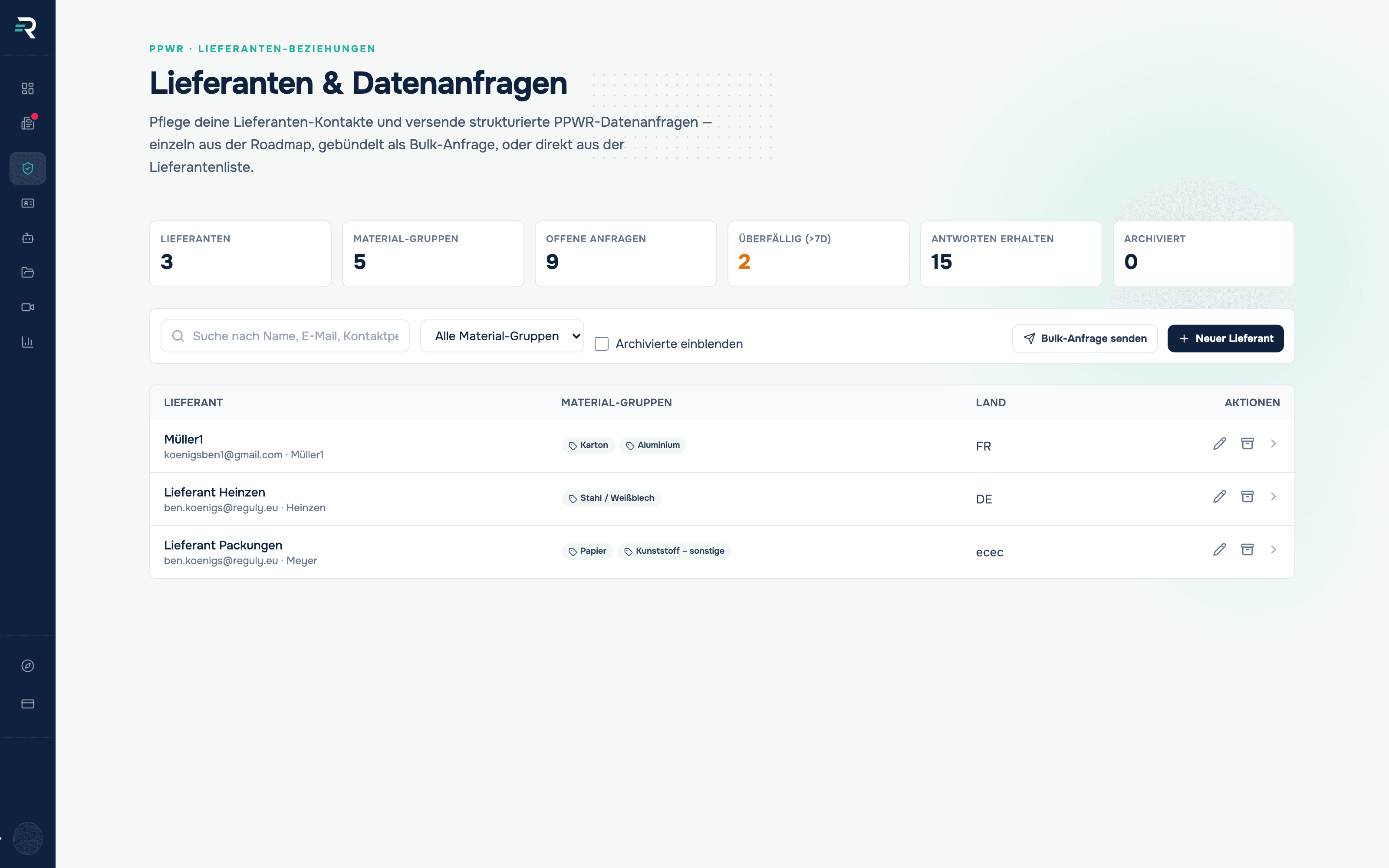 Lieferantenliste in Reguly mit Material-Gruppen und offenen Datenanfragen