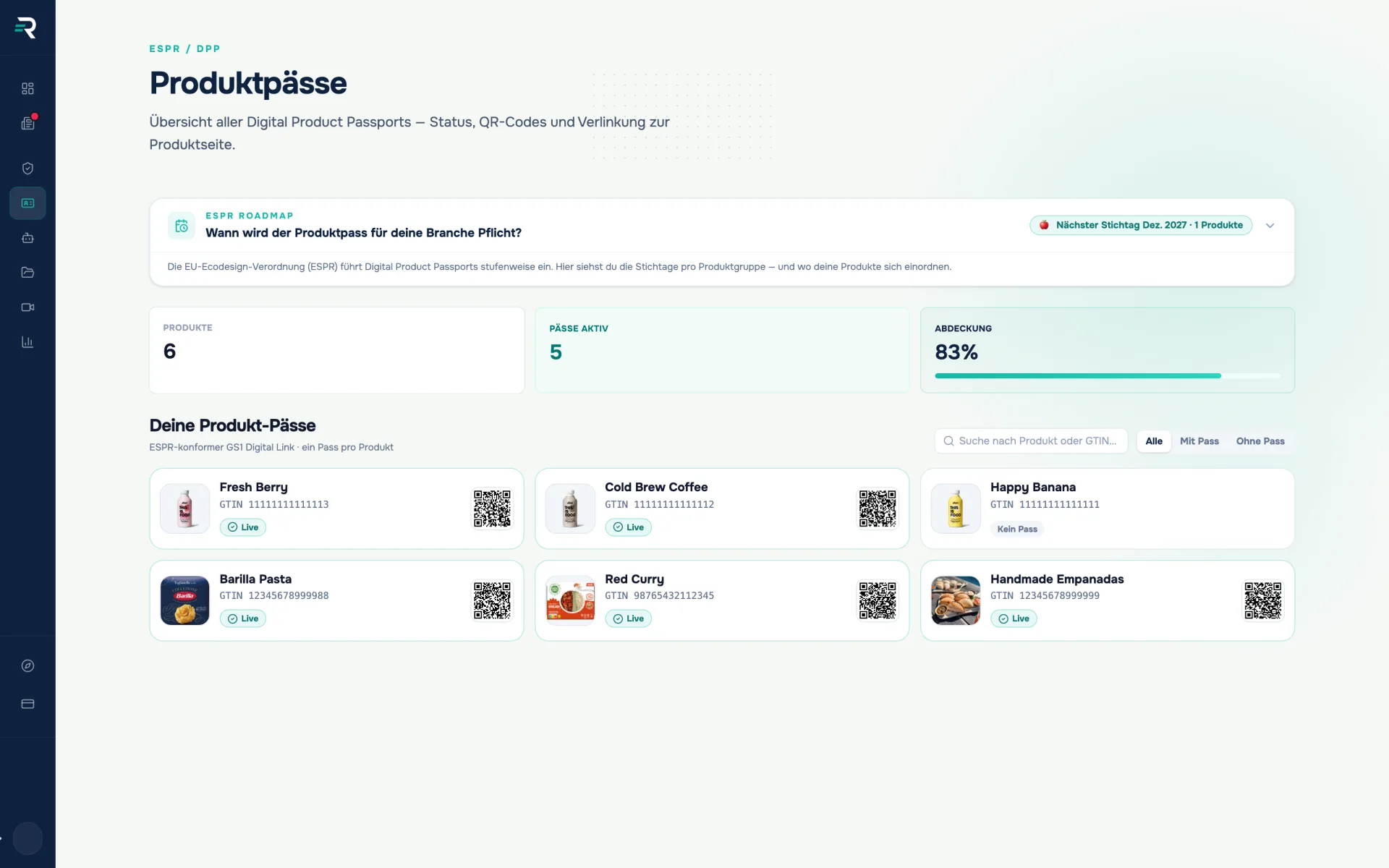 Product passports in Reguly: product cards with GTIN, QR code and live status — this is where the passports the editor makes visible are created