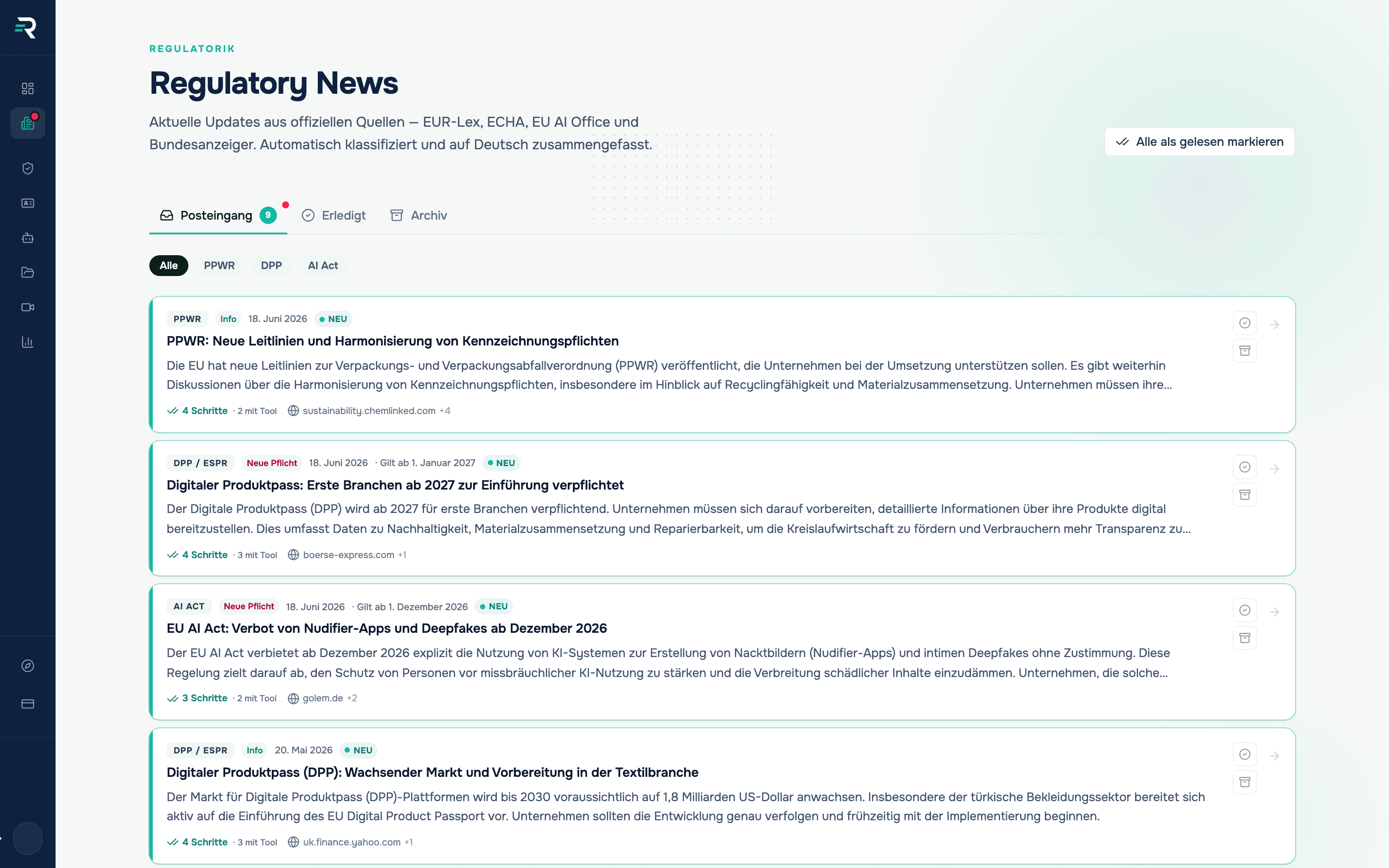 Regulatory News in Reguly: Posteingang mit neun ungelesenen Meldungen zu PPWR, DPP und AI Act