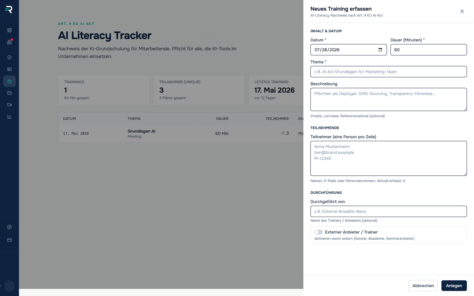 Dialog for recording an AI training in Reguly with date, duration, topic, participant list and the marker for external trainers
