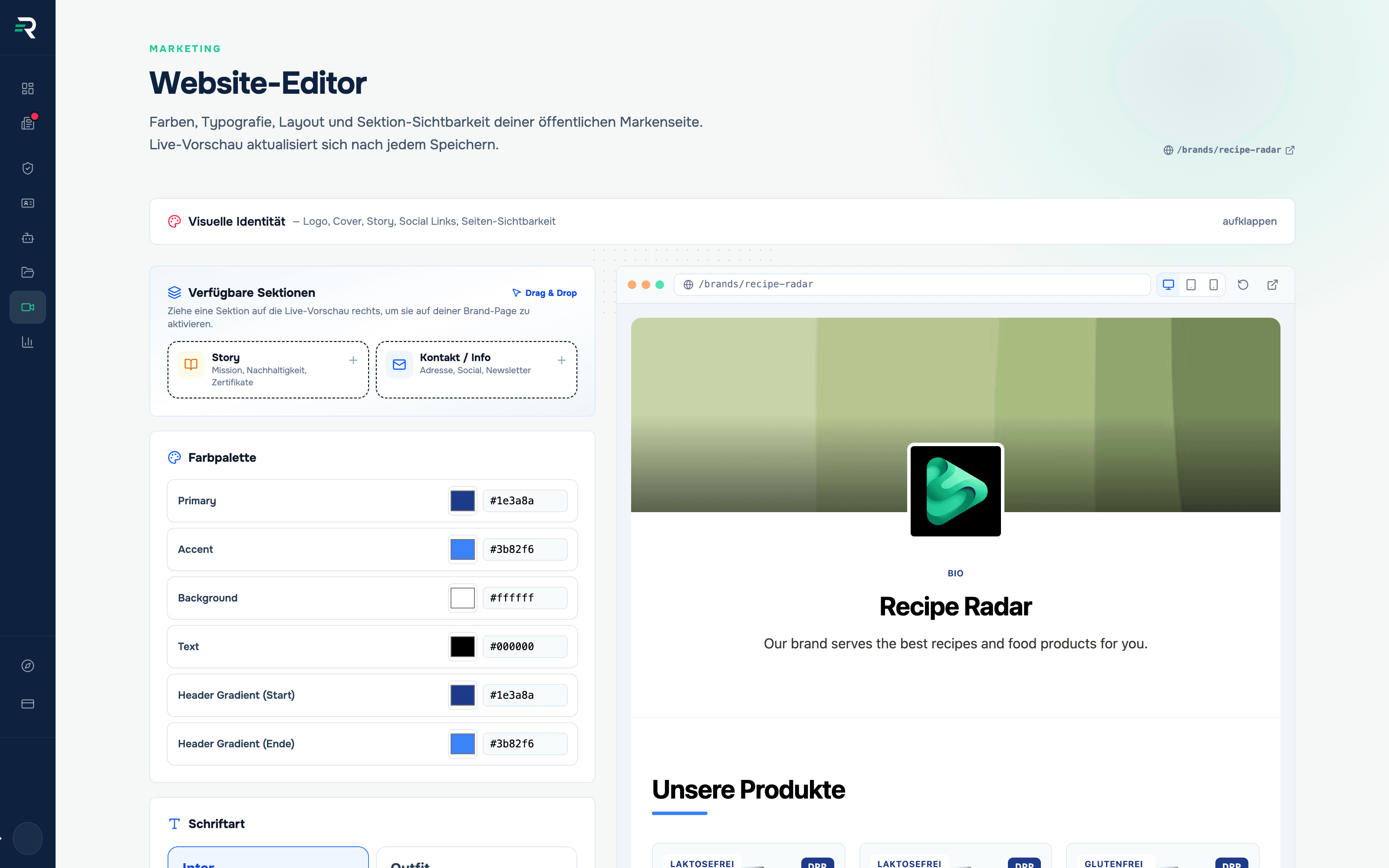 Website-Editor in Reguly mit der Palette verfügbarer Sektionen, den Farbfeldern für Primary, Accent, Background, Text und Header-Gradient sowie der Live-Vorschau der Brand-Page unter /brands/recipe-radar