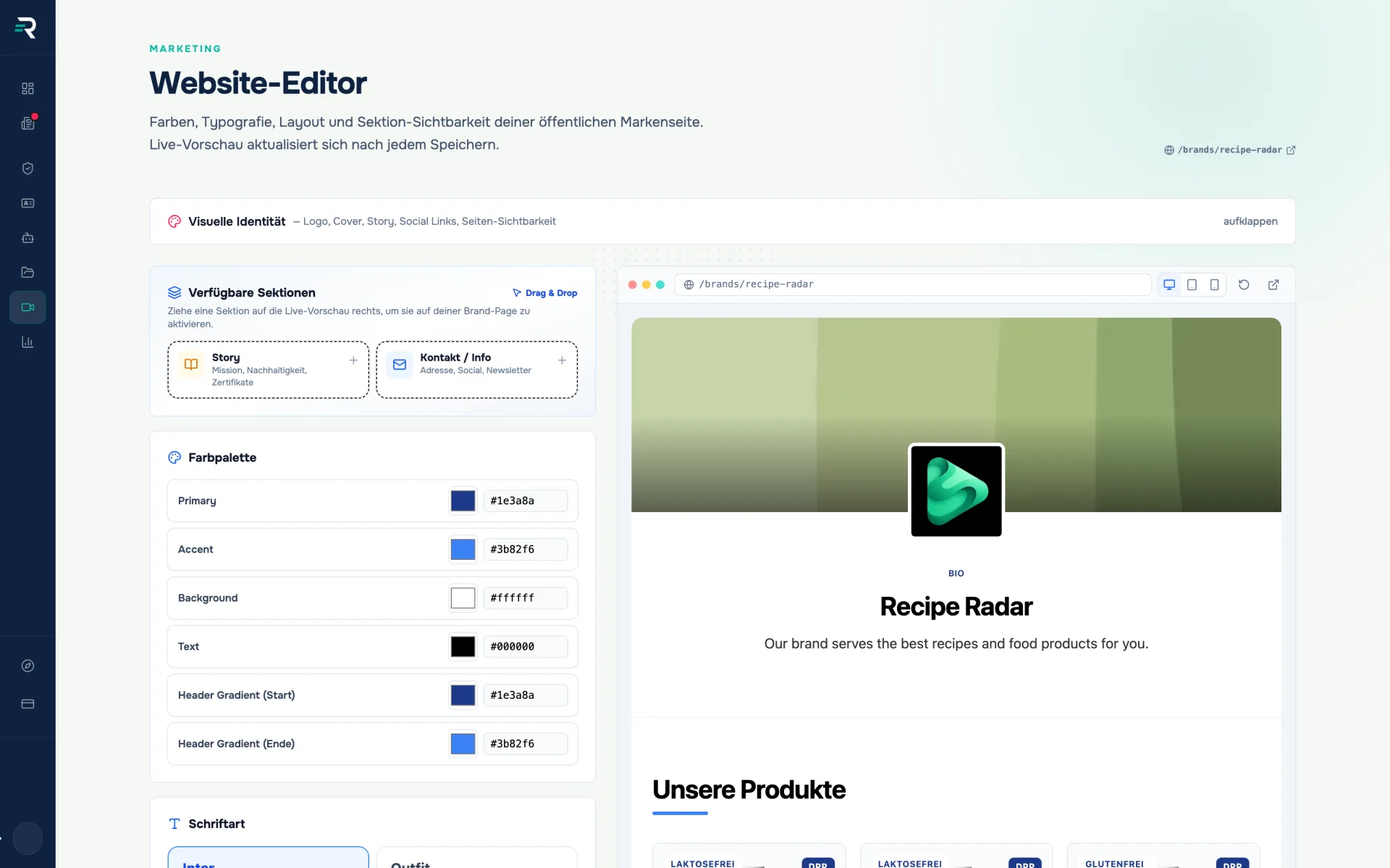 Website editor in Reguly: section palette, colour swatches and the live preview of the public brand page