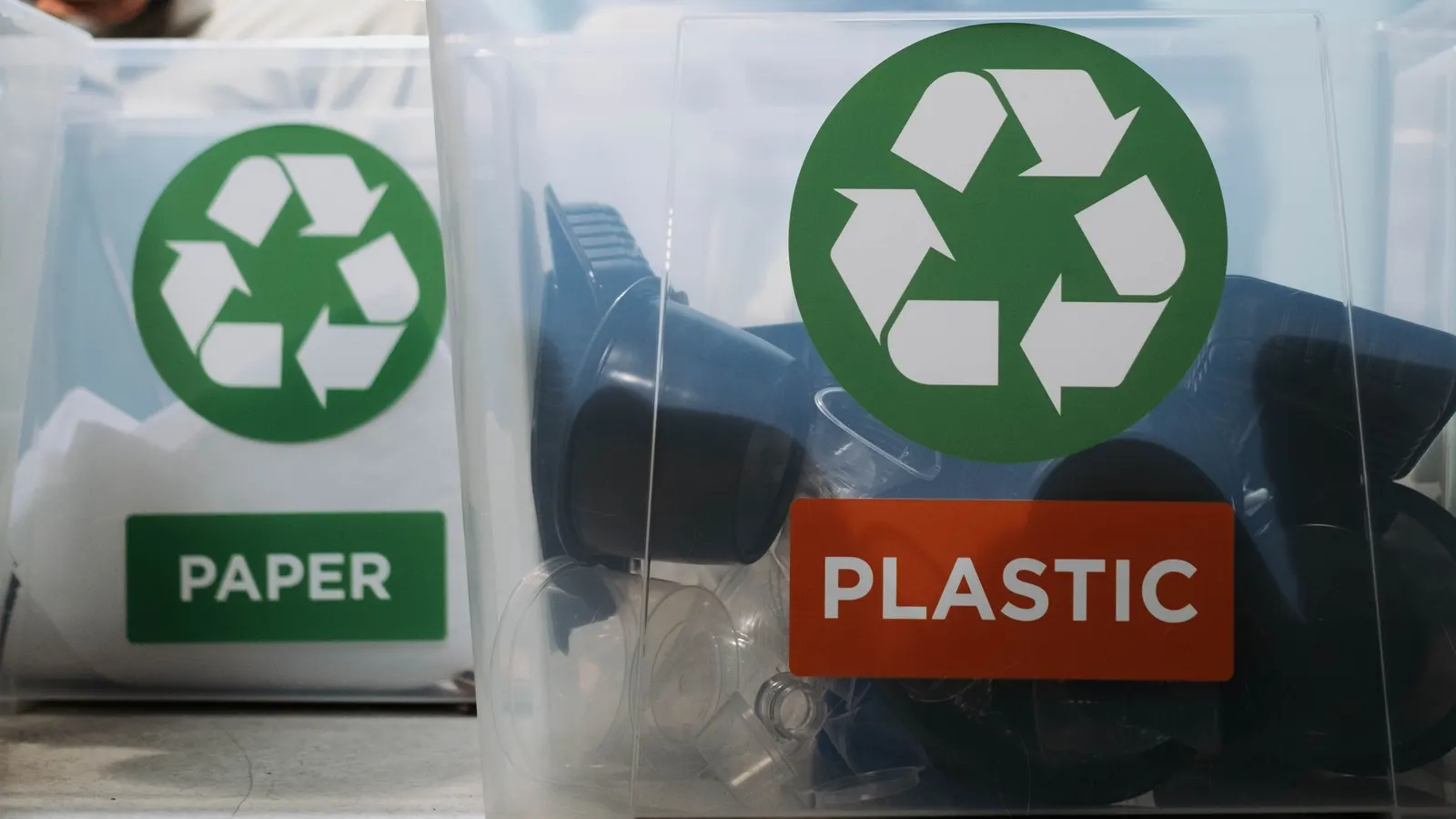 Durchsichtige Sammelbehälter mit Recyclingsymbol und den Aufschriften Paper und Plastic